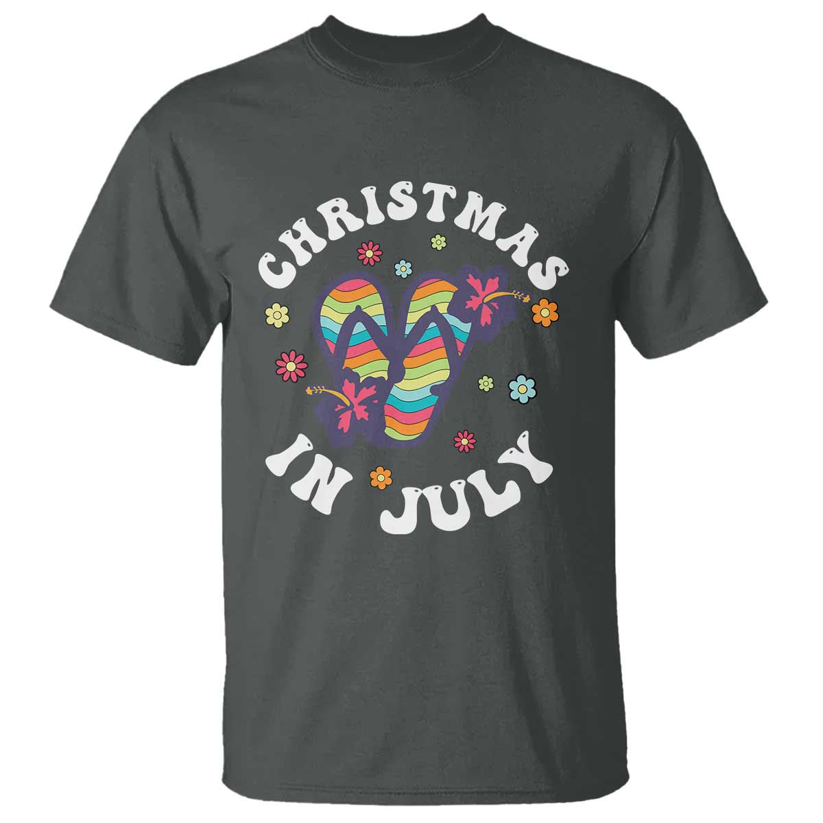 Christmas In July Summer Beach T Shirt Hawaii Flip Flops Hibiscus TS10 Dark Heather Print Your Wear