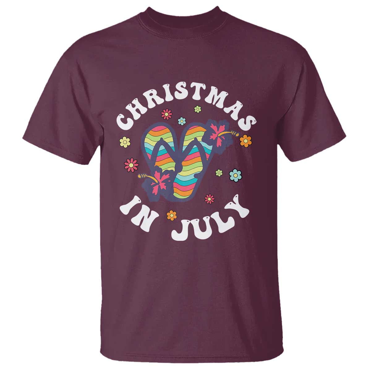 Christmas In July Summer Beach T Shirt Hawaii Flip Flops Hibiscus TS10 Maroon Print Your Wear