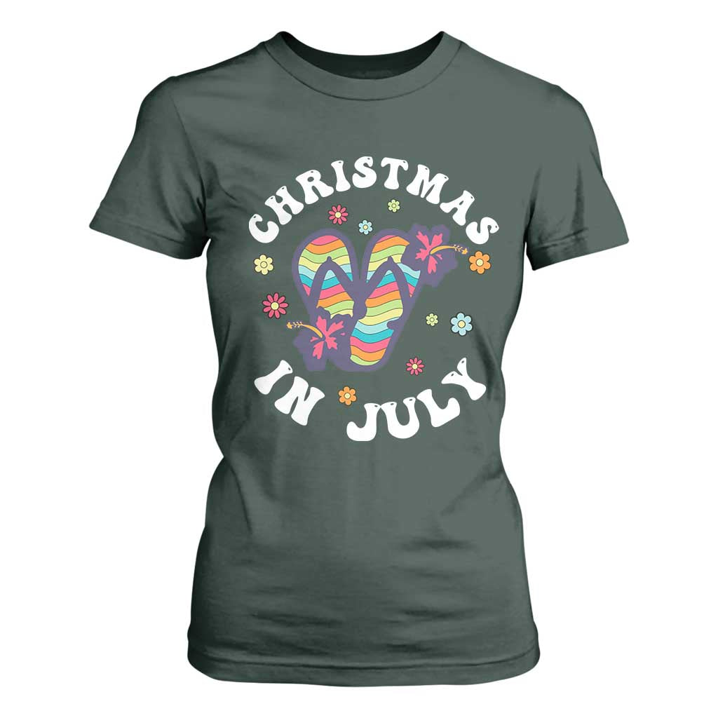 Christmas In July Summer Beach T Shirt For Women Hawaii Flip Flops Hibiscus TS10 Dark Forest Green Print Your Wear