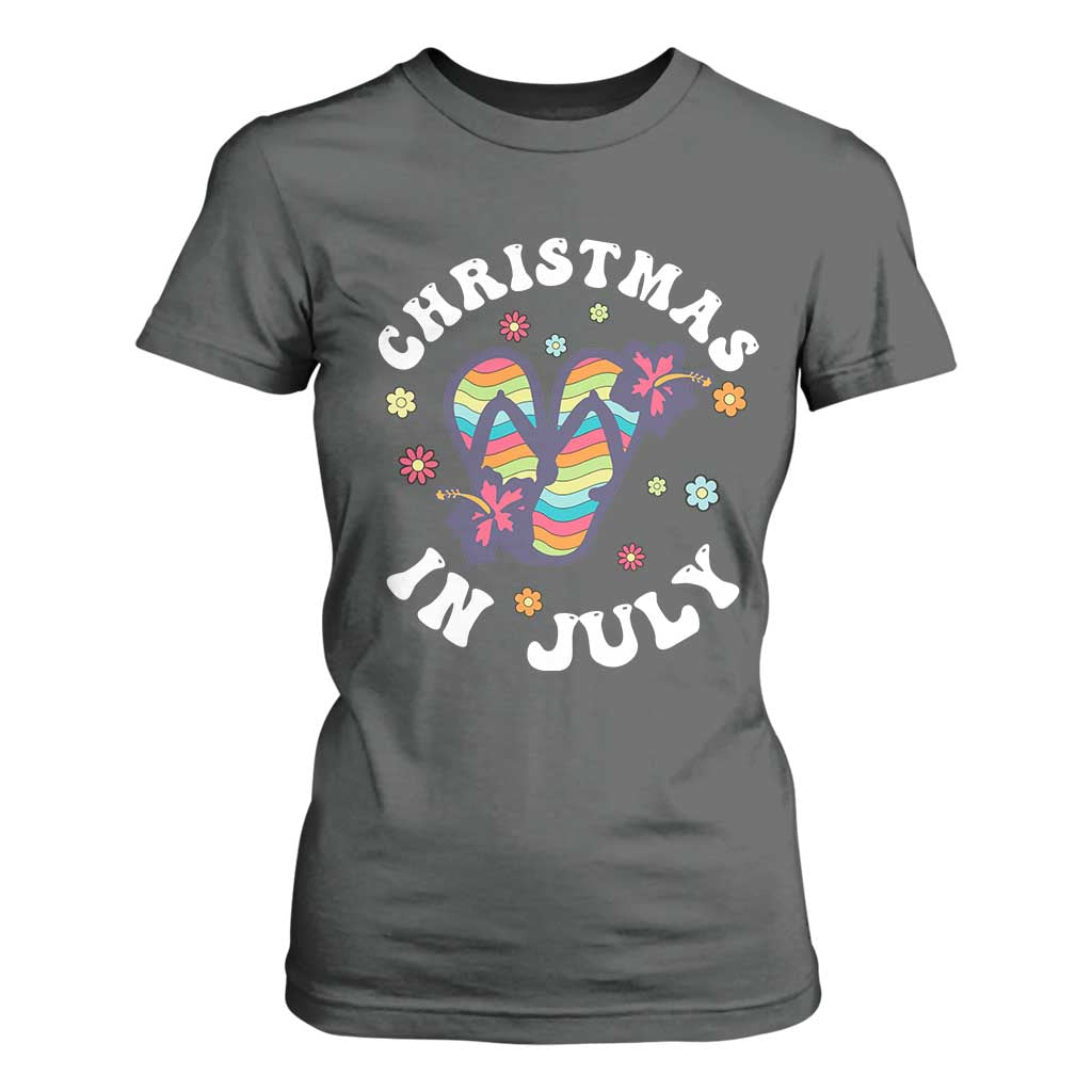 Christmas In July Summer Beach T Shirt For Women Hawaii Flip Flops Hibiscus TS10 Dark Heather Print Your Wear