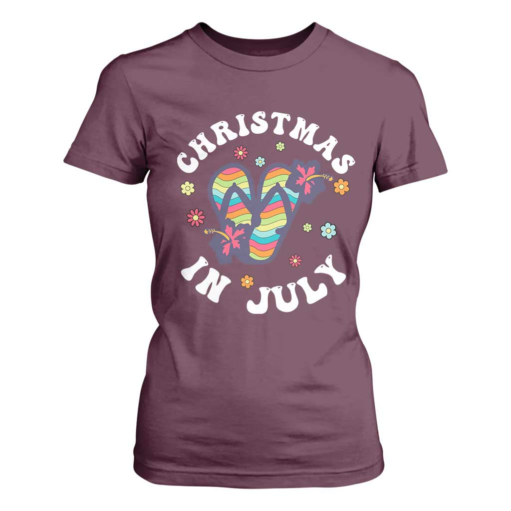 Christmas In July Summer Beach T Shirt For Women Hawaii Flip Flops Hibiscus TS10 Maroon Print Your Wear