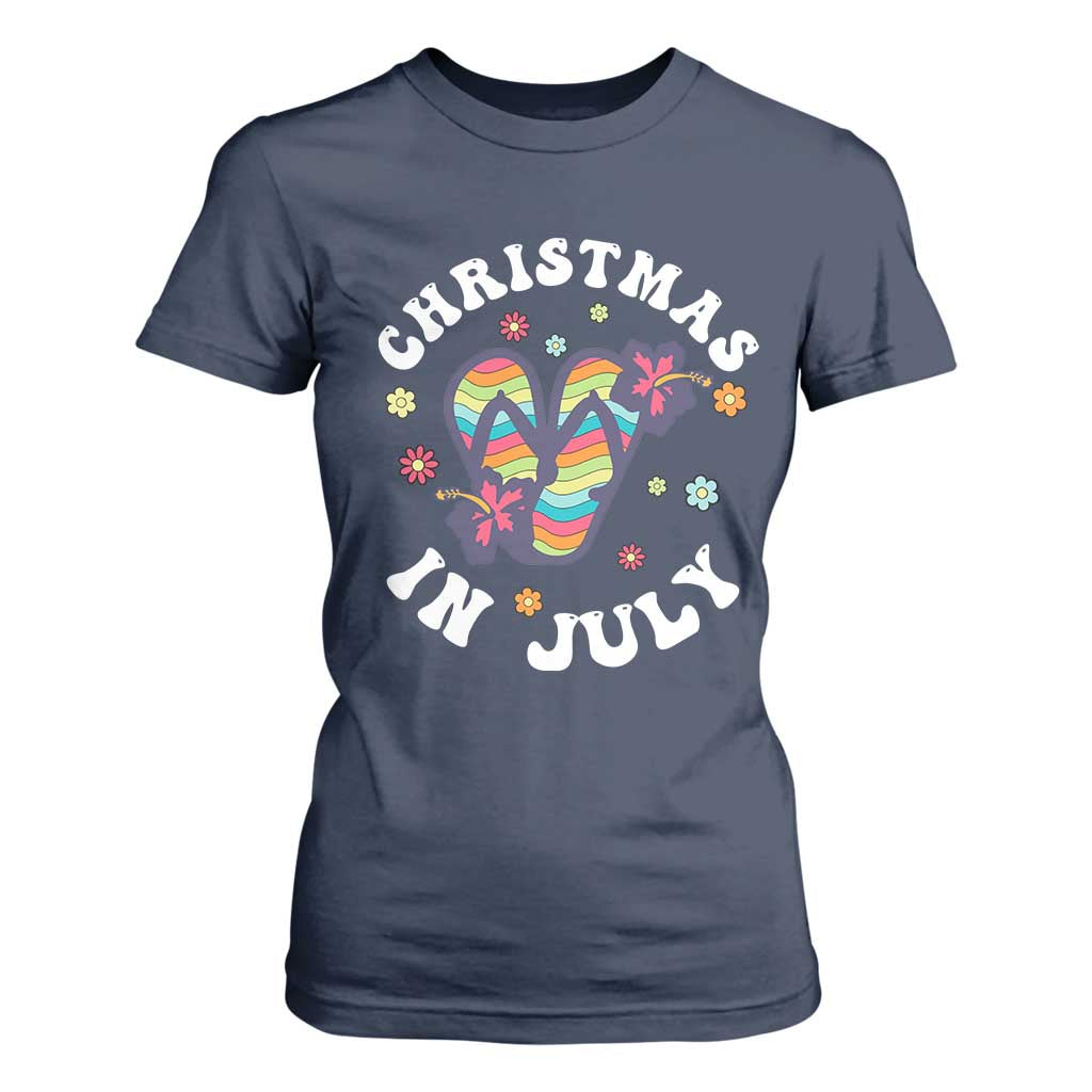 Christmas In July Summer Beach T Shirt For Women Hawaii Flip Flops Hibiscus TS10 Navy Print Your Wear