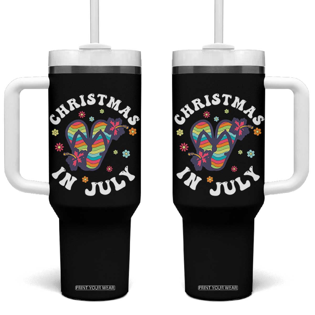 Christmas In July Summer Beach Tumbler With Handle Hawaii Flip Flops Hibiscus TS10 One Size: 40 oz Black Print Your Wear