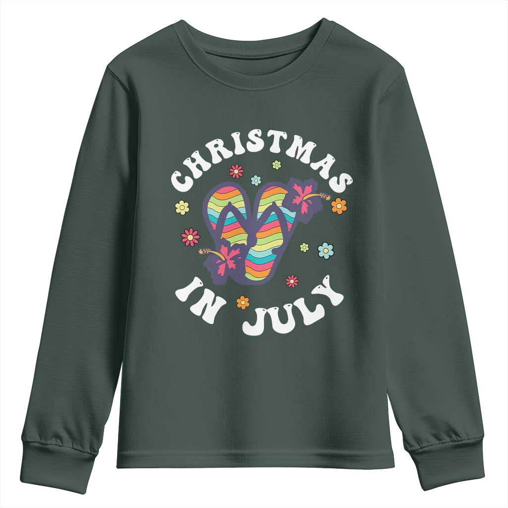 Christmas In July Summer Beach Youth Sweatshirt Hawaii Flip Flops Hibiscus TS10 Dark Forest Green Print Your Wear