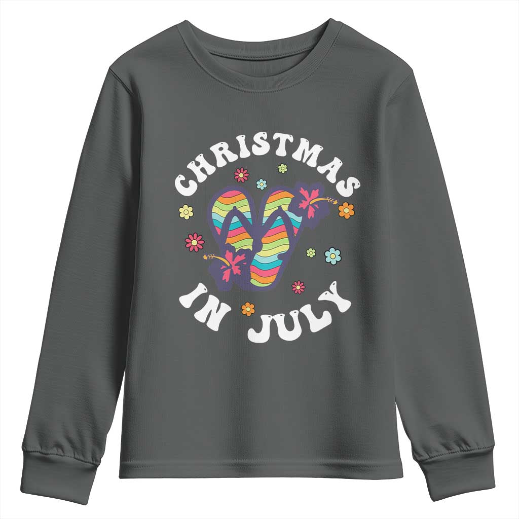 Christmas In July Summer Beach Youth Sweatshirt Hawaii Flip Flops Hibiscus TS10 Dark Heather Print Your Wear