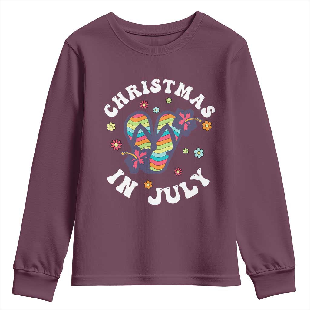 Christmas In July Summer Beach Youth Sweatshirt Hawaii Flip Flops Hibiscus TS10 Maroon Print Your Wear