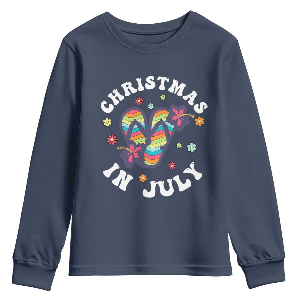 Christmas In July Summer Beach Youth Sweatshirt Hawaii Flip Flops Hibiscus TS10 Navy Print Your Wear