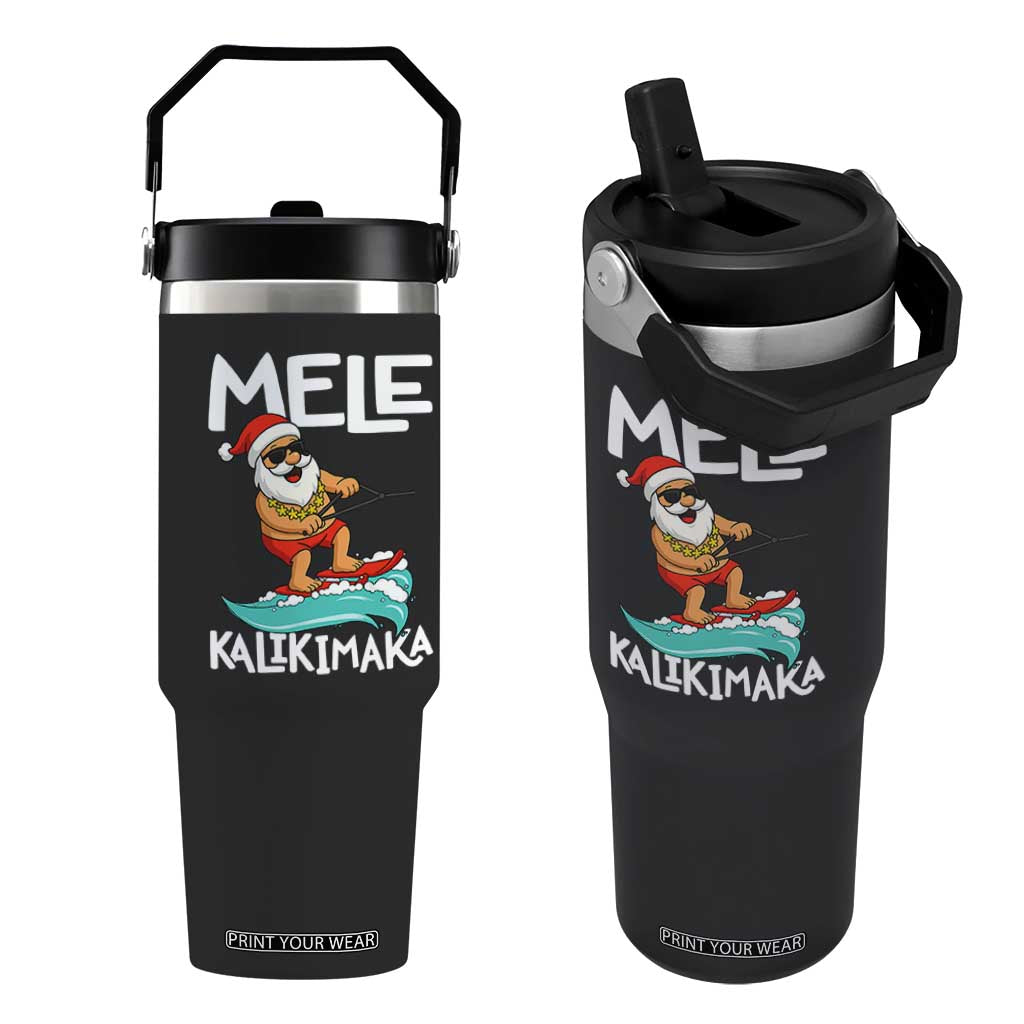 Mele Kalikimaka Flip Straw Tumbler Santa Water Skiing Summer Beach Hawaiian Christmas In July TS10 One Size: 30 oz Black Print Your Wear