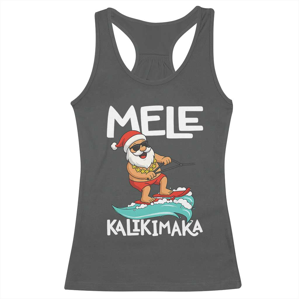 Mele Kalikimaka Racerback Tank Top Santa Water Skiing Summer Beach Hawaiian Christmas In July TS10 Dark Heather Print Your Wear