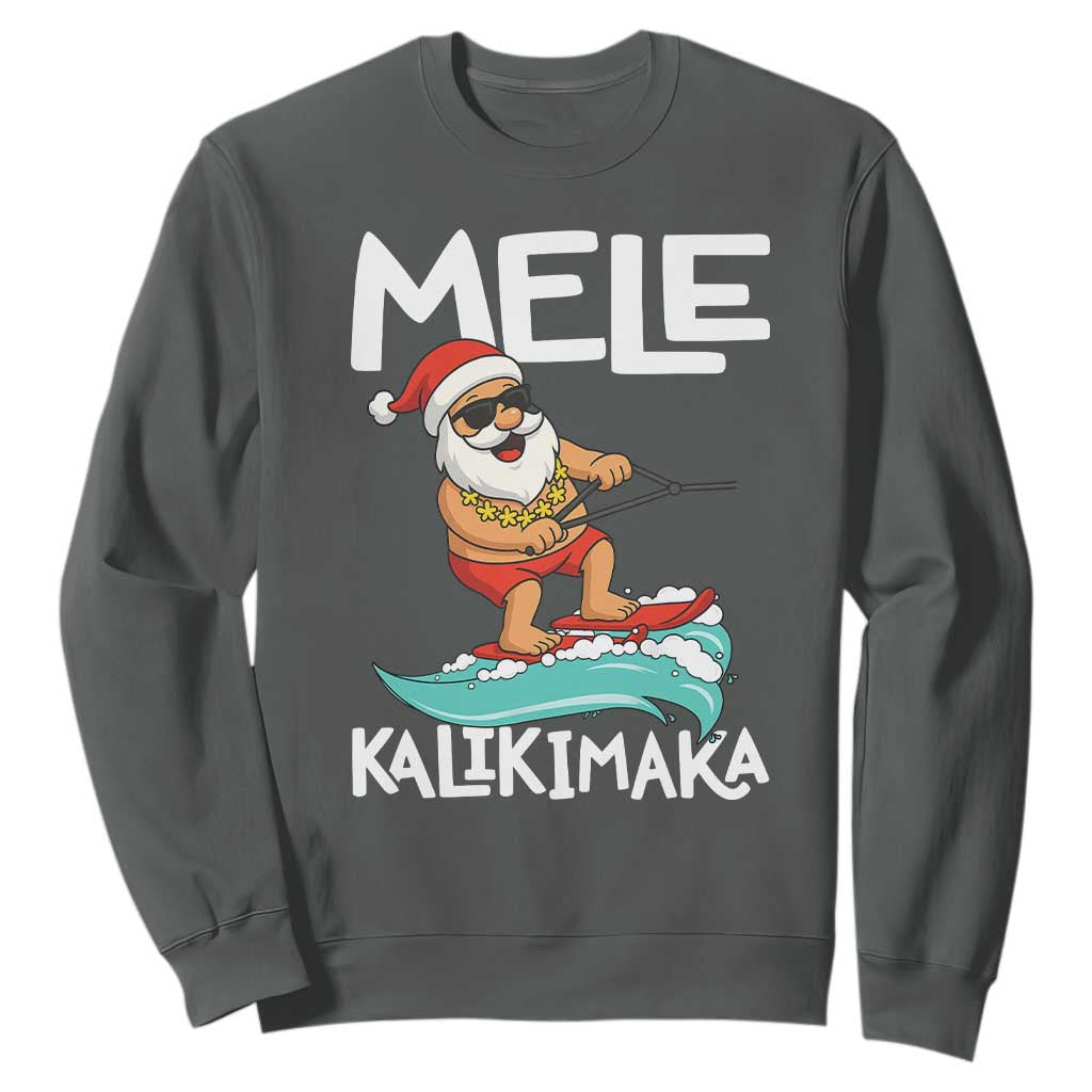 Mele Kalikimaka Sweatshirt Santa Water Skiing Summer Beach Hawaiian Christmas In July TS10 Dark Heather Print Your Wear