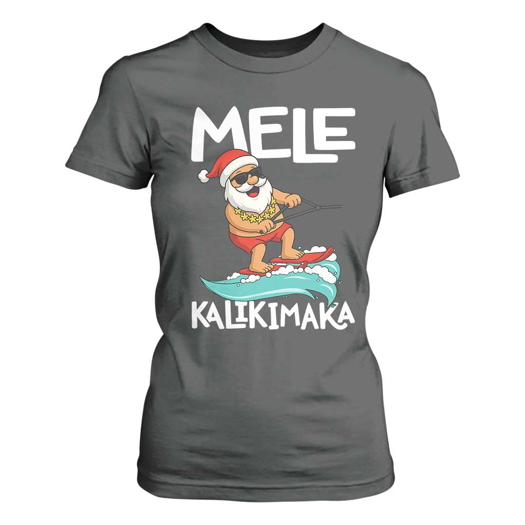 Mele Kalikimaka T Shirt For Women Santa Water Skiing Summer Beach Hawaiian Christmas In July TS10 Dark Heather Print Your Wear
