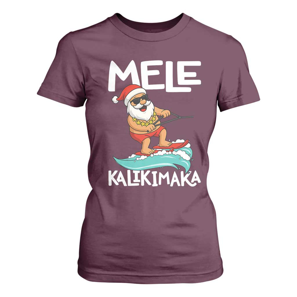 Mele Kalikimaka T Shirt For Women Santa Water Skiing Summer Beach Hawaiian Christmas In July TS10 Maroon Print Your Wear