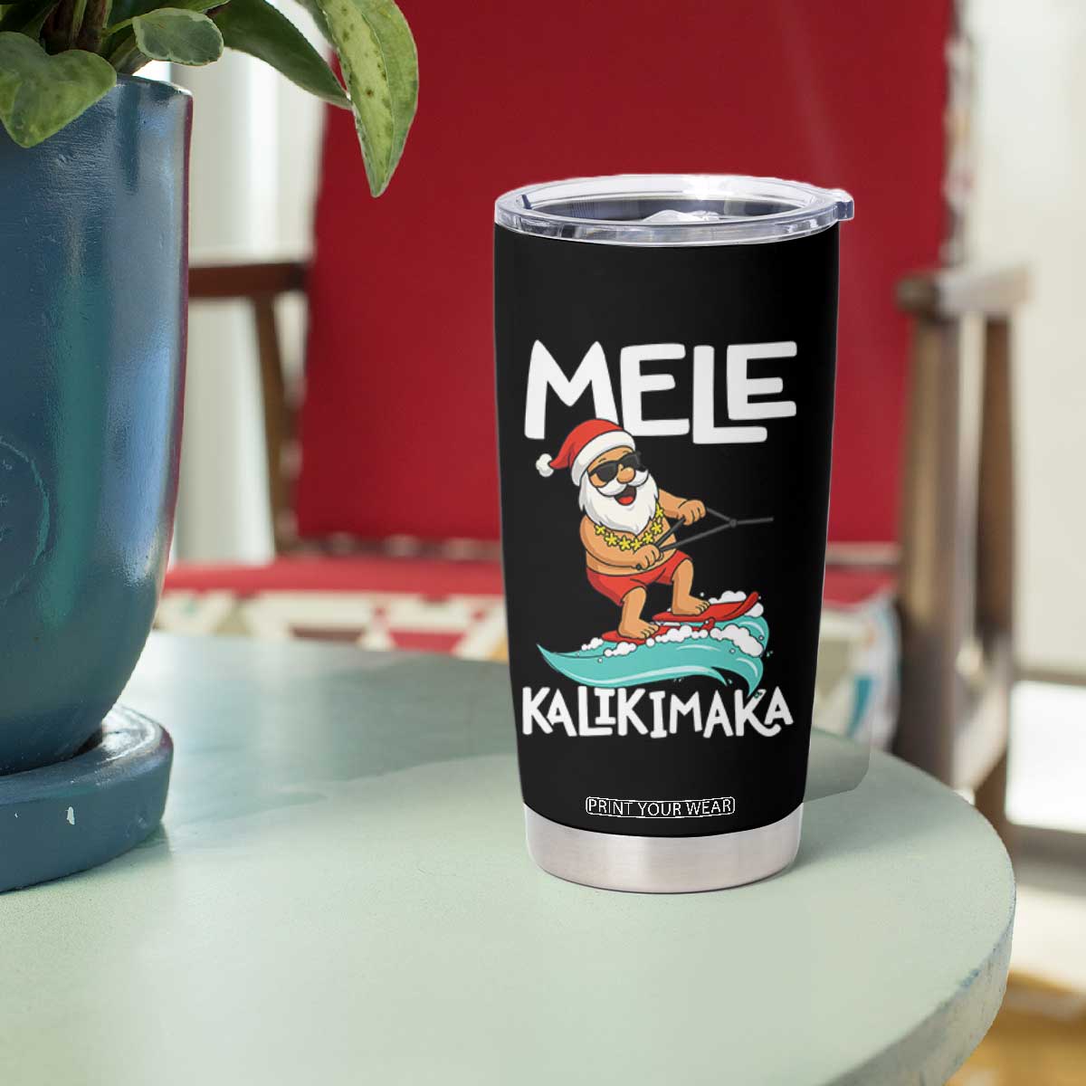 Mele Kalikimaka Tumbler Cup Santa Water Skiing Summer Beach Hawaiian Christmas In July TS10 Print Your Wear