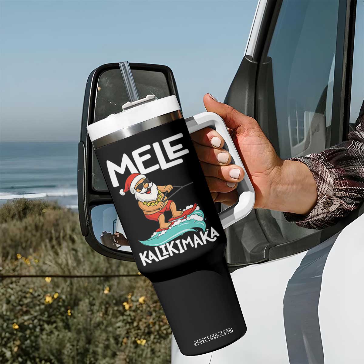 Mele Kalikimaka Tumbler With Handle Santa Water Skiing Summer Beach Hawaiian Christmas In July TS10 Print Your Wear