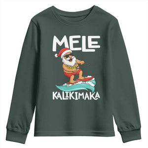 Mele Kalikimaka Youth Sweatshirt Santa Water Skiing Summer Beach Hawaiian Christmas In July TS10 Dark Forest Green Print Your Wear