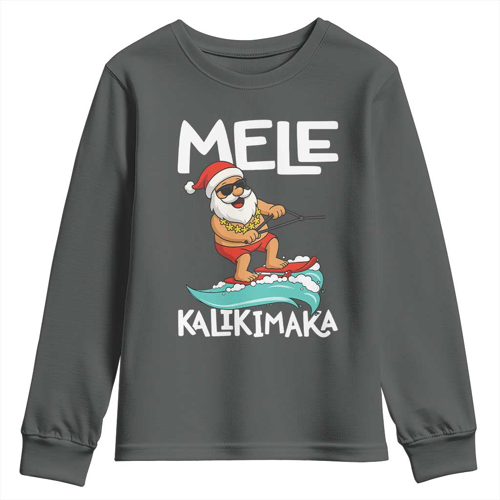 Mele Kalikimaka Youth Sweatshirt Santa Water Skiing Summer Beach Hawaiian Christmas In July TS10 Dark Heather Print Your Wear
