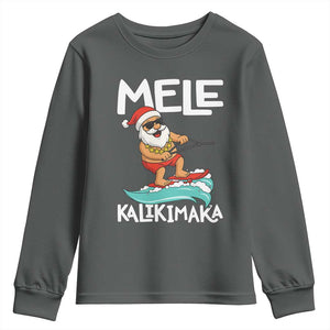 Mele Kalikimaka Youth Sweatshirt Santa Water Skiing Summer Beach Hawaiian Christmas In July TS10 Dark Heather Print Your Wear