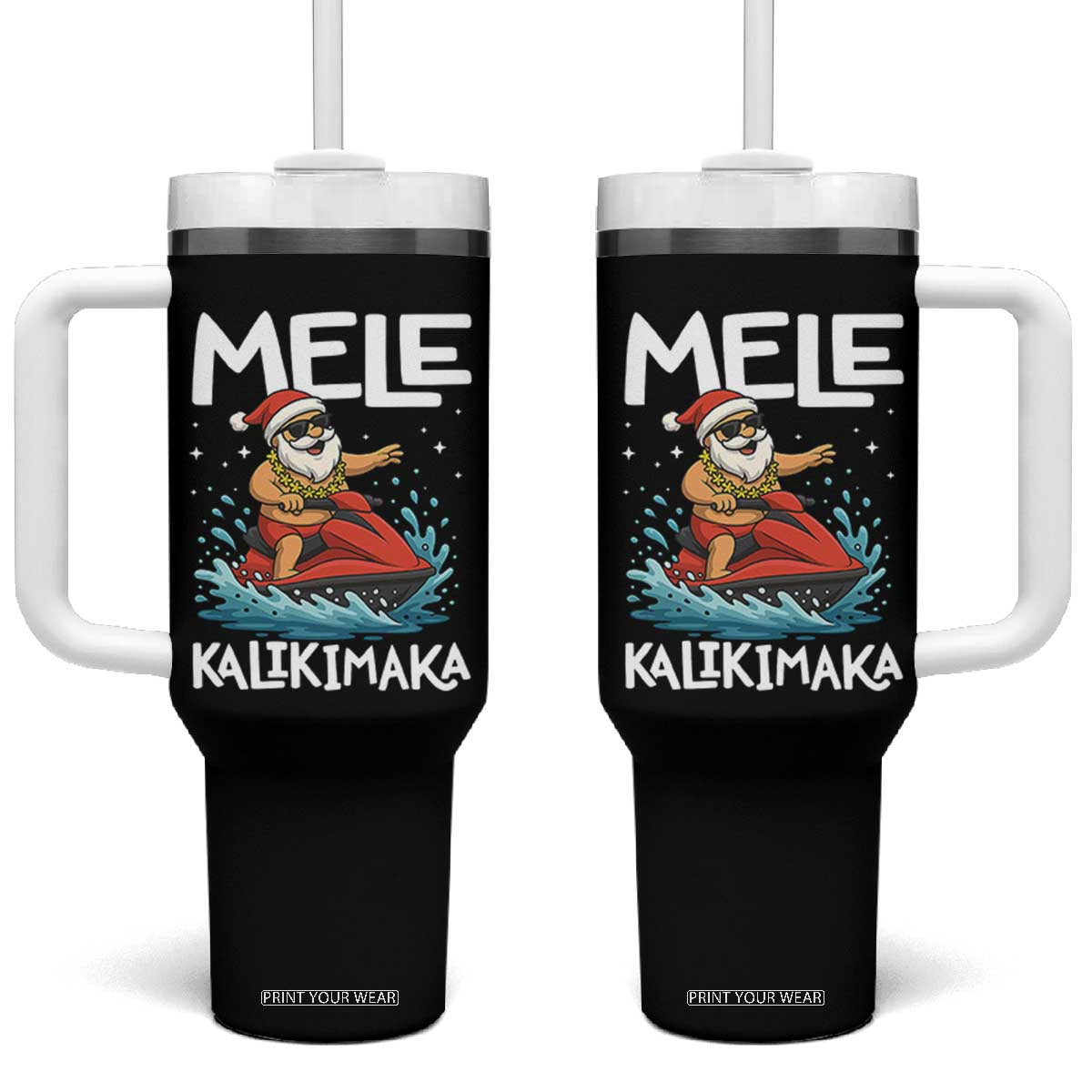 Mele Kalikimaka Hawaiian Christmas Tumbler With Handle Funny Santa Jet Ski Summer Beach Xmas In July TS10 One Size: 40 oz Black Print Your Wear