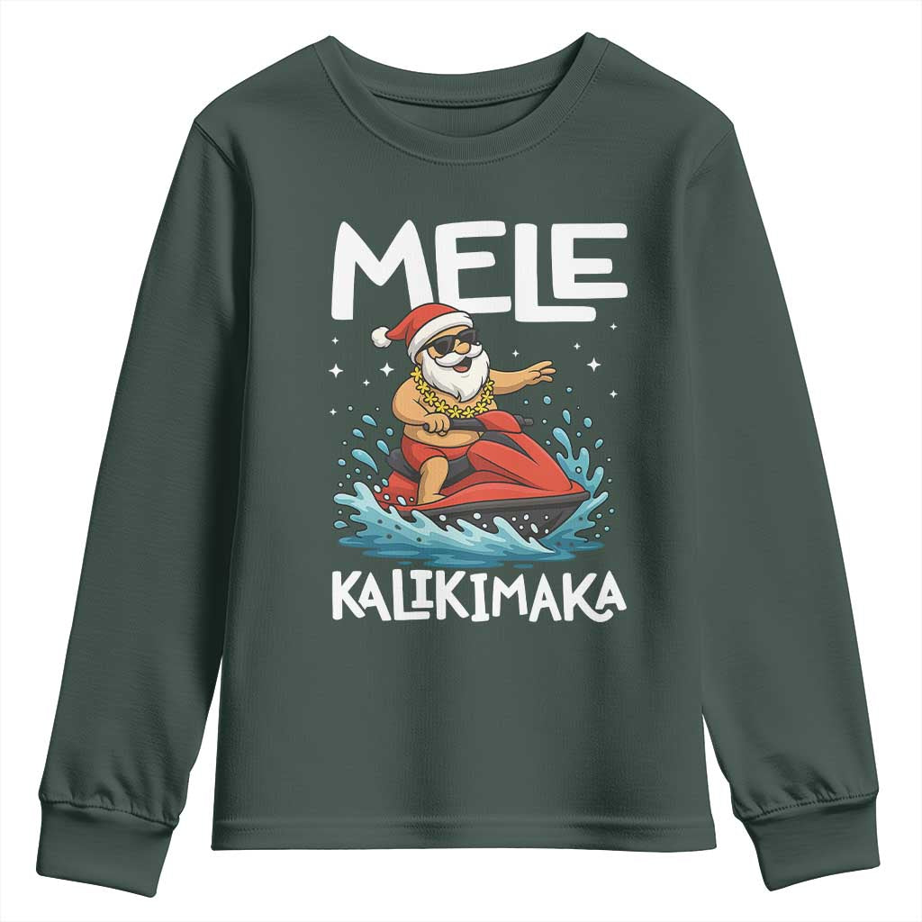 Mele Kalikimaka Hawaiian Christmas Youth Sweatshirt Funny Santa Jet Ski Summer Beach Xmas In July TS10 Dark Forest Green Print Your Wear