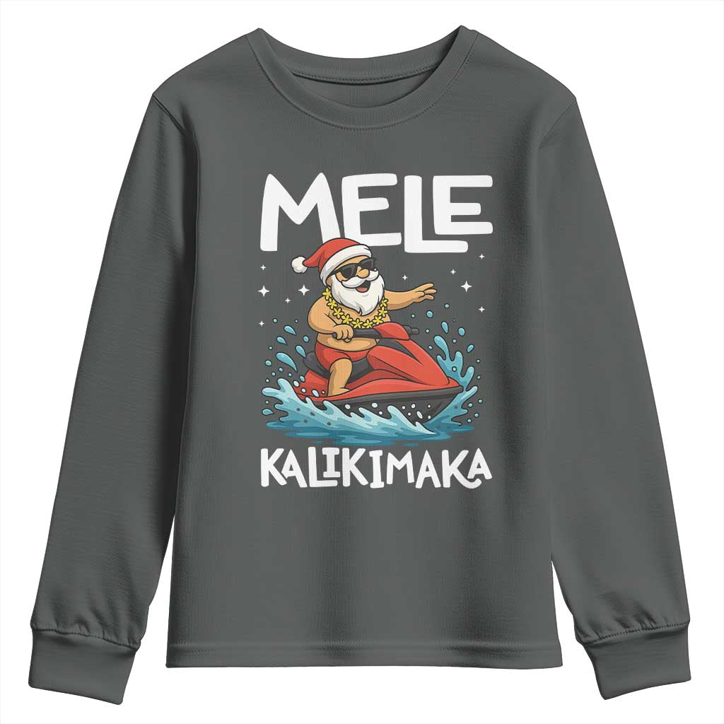 Mele Kalikimaka Hawaiian Christmas Youth Sweatshirt Funny Santa Jet Ski Summer Beach Xmas In July TS10 Dark Heather Print Your Wear