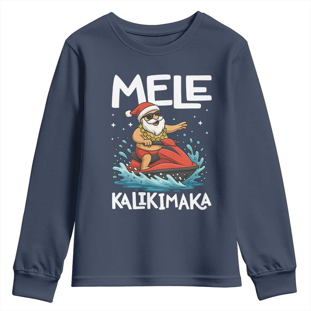 Mele Kalikimaka Hawaiian Christmas Youth Sweatshirt Funny Santa Jet Ski Summer Beach Xmas In July TS10 Navy Print Your Wear