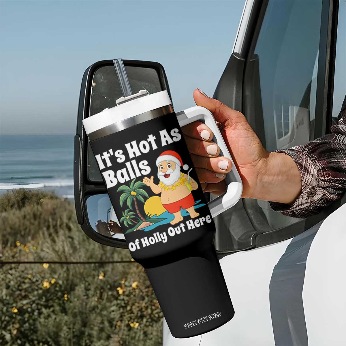 Funny Christmas In July Tumbler With Handle Hot As Balls Santa Summer Party TS10 Print Your Wear