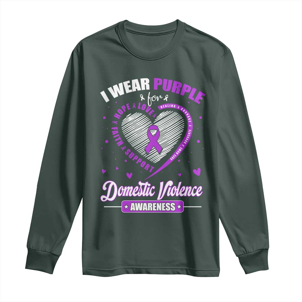 Domestic Violence Awareness Long Sleeve Shirt Purple Ribbon Support Survivor TS10 Dark Forest Green Print Your Wear