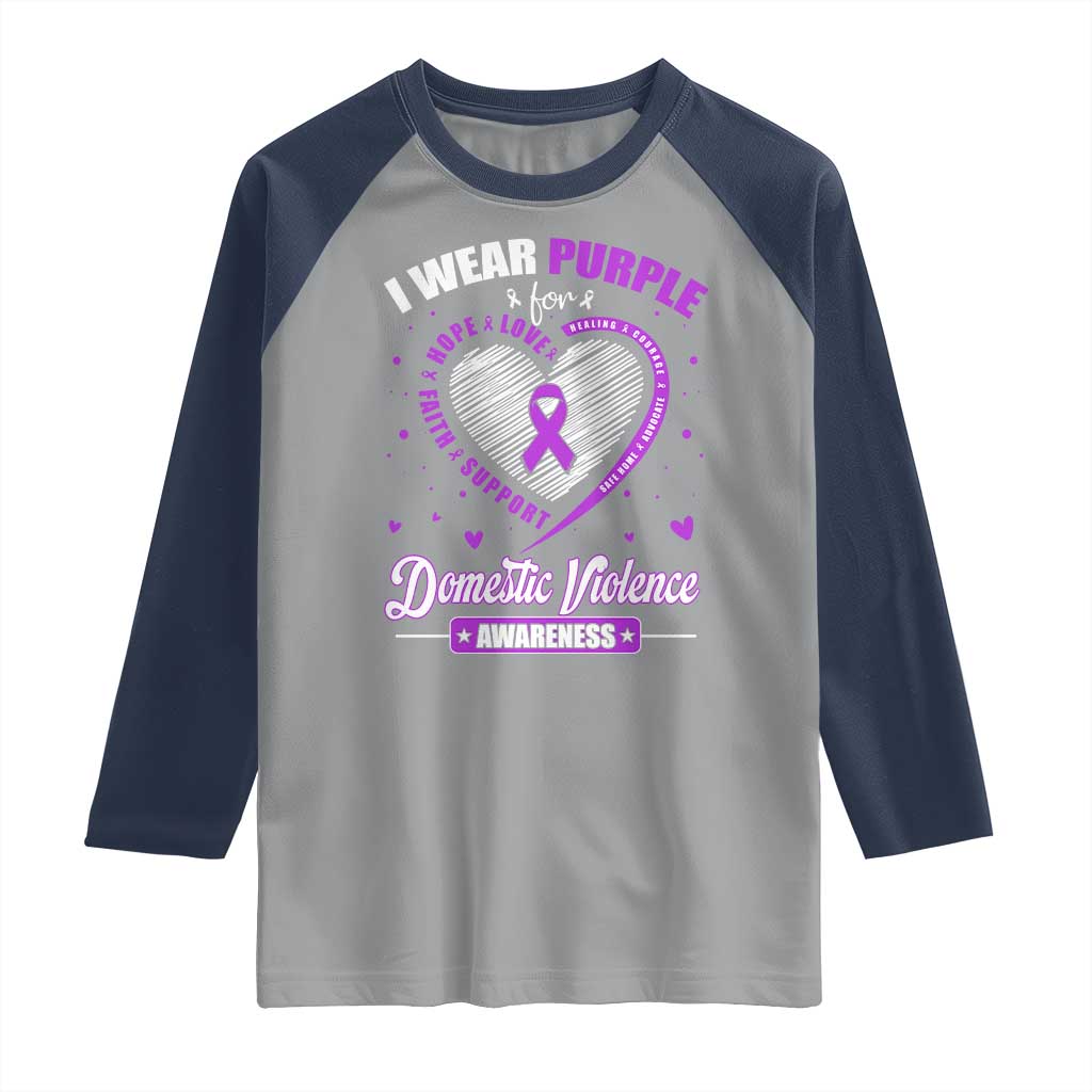 Domestic Violence Awareness Raglan Shirt Purple Ribbon Support Survivor TS10 Sport Gray Navy Print Your Wear
