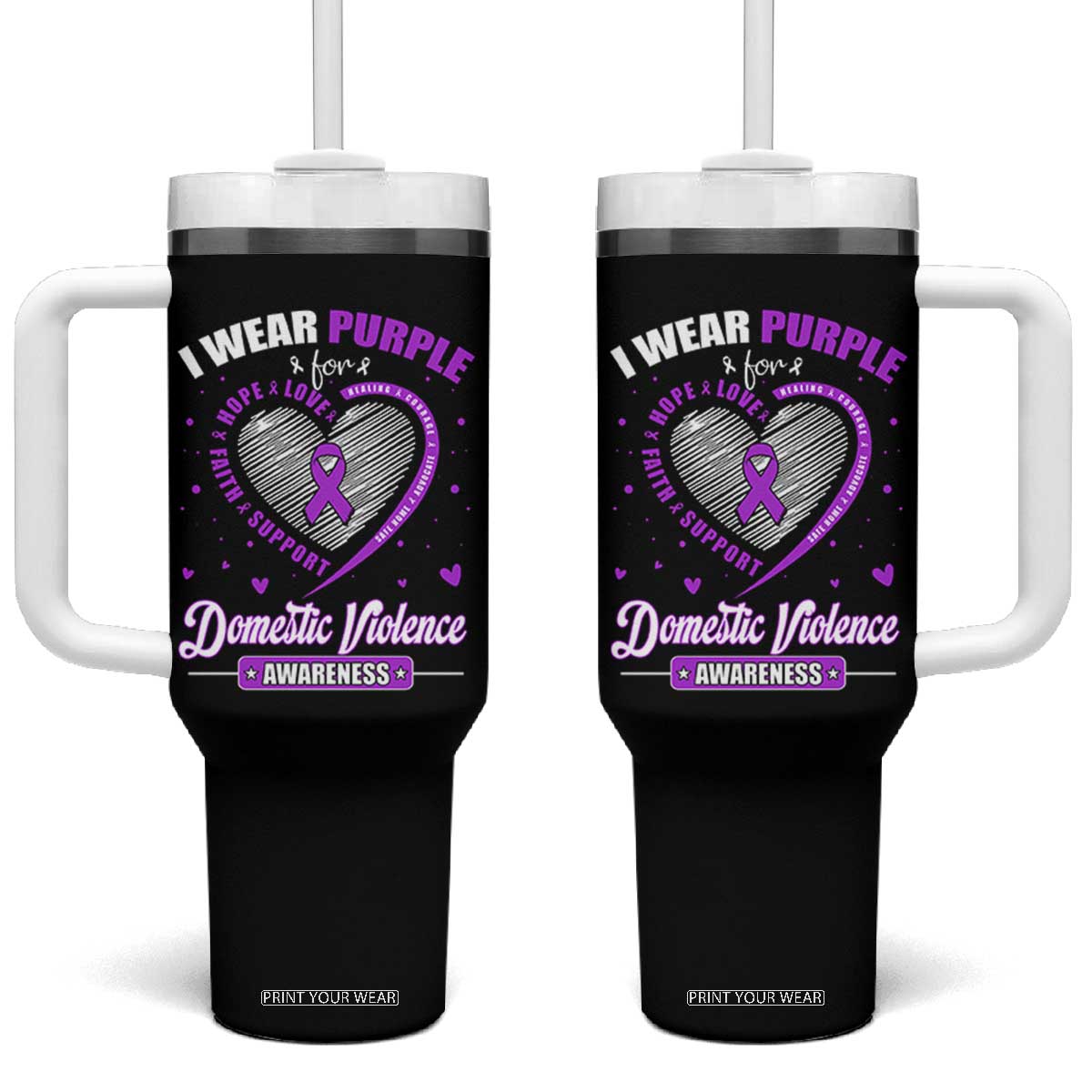 Domestic Violence Awareness Tumbler With Handle Purple Ribbon Support Survivor - Print Your Wear