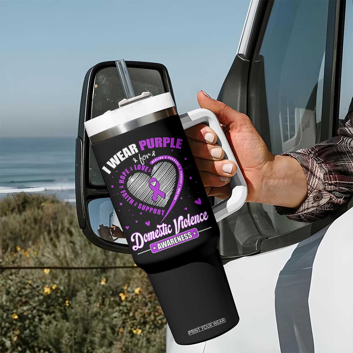 Domestic Violence Awareness Tumbler With Handle Purple Ribbon Support Survivor TS10 Print Your Wear