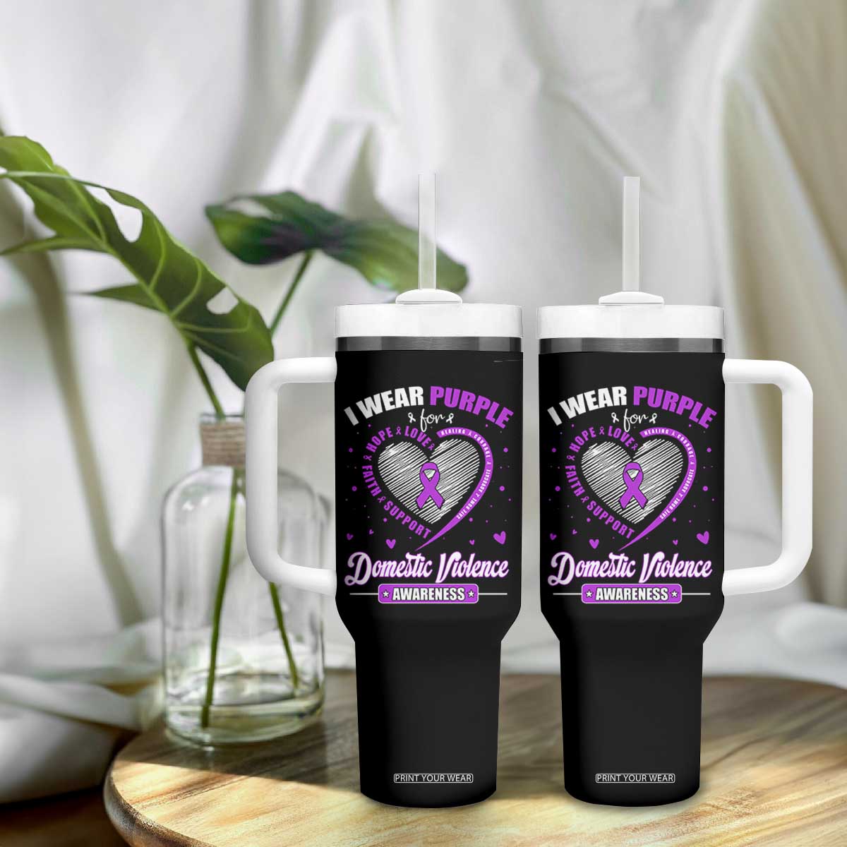 Domestic Violence Awareness Tumbler With Handle Purple Ribbon Support Survivor TS10 Print Your Wear