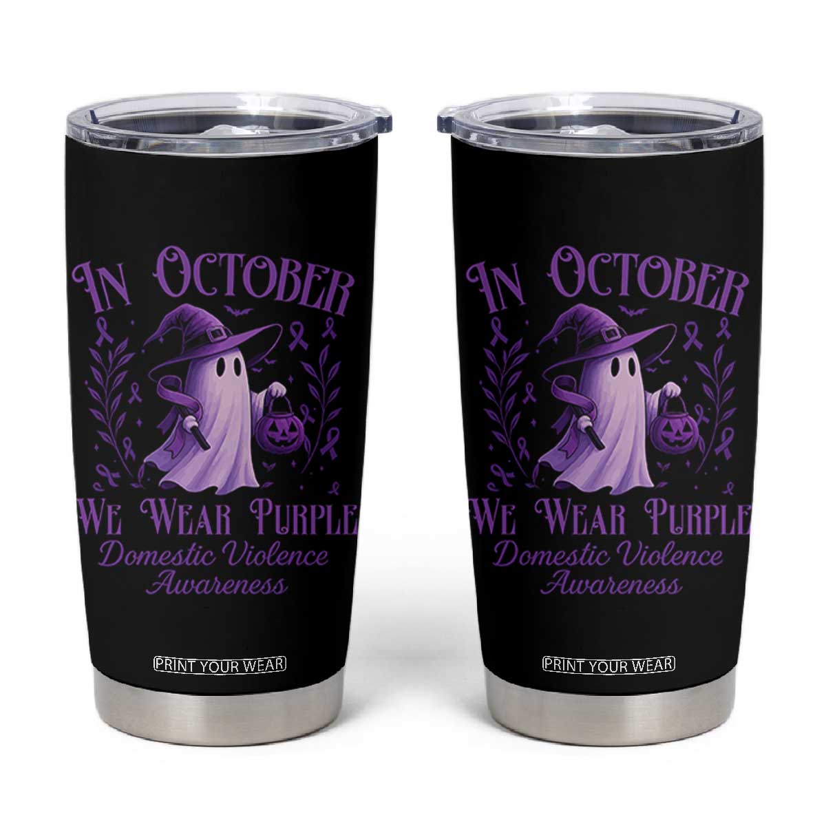 Domestic Violence Awareness Tumbler Cup Halloween October Wear Purple Ghost TS10 Black Print Your Wear