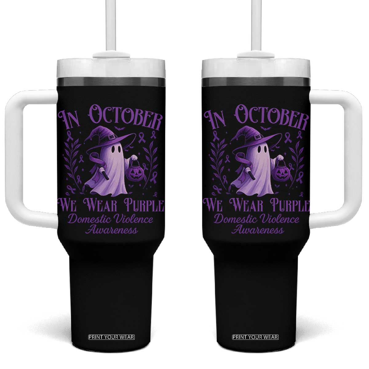 Domestic Violence Awareness Tumbler With Handle Halloween October Wear Purple Ghost TS10 One Size: 40 oz Black Print Your Wear