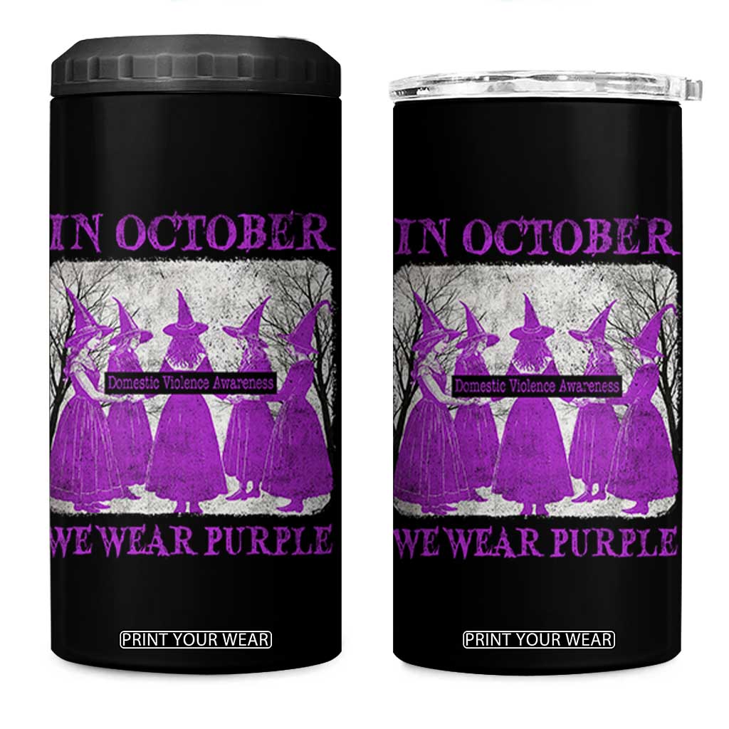 Retro In October We Wear Purple Witch Domestic Violence Awareness 4 in 1 Can Cooler Tumbler TS10 One Size: 16 oz Black Print Your Wear