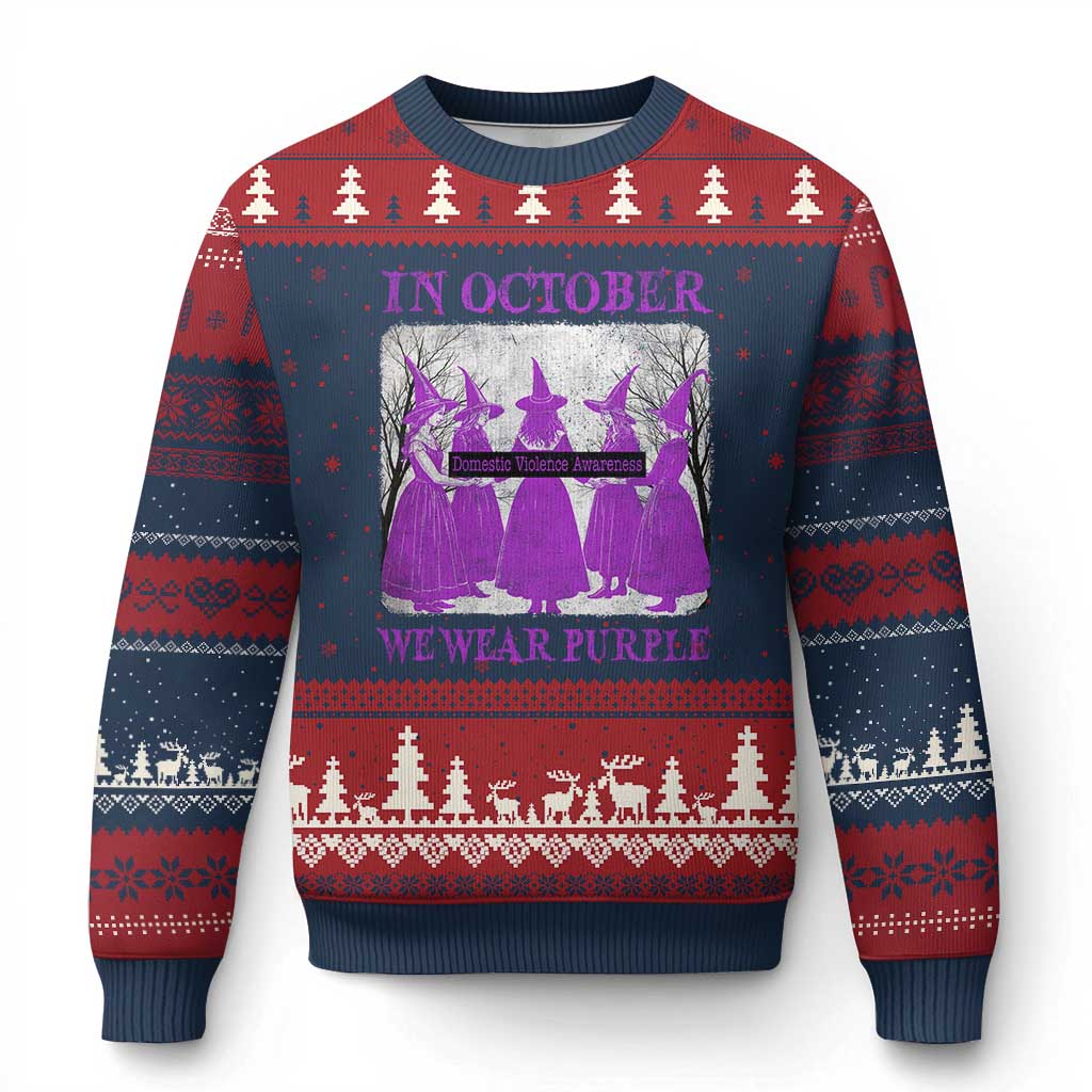 Retro In October We Wear Purple Witch Domestic Violence Awareness Ugly Christmas Sweater TS10 Navy Red Print Your Wear
