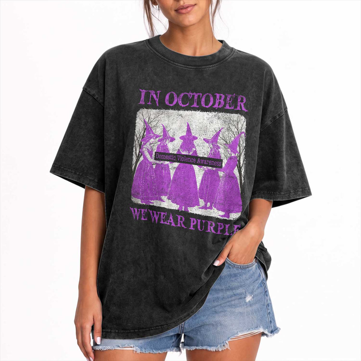 Retro In October We Wear Purple Witch Domestic Violence Awareness Washed Cotton T-Shirt