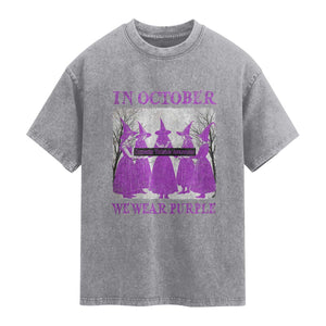 Retro In October We Wear Purple Witch Domestic Violence Awareness Washed Cotton T-Shirt