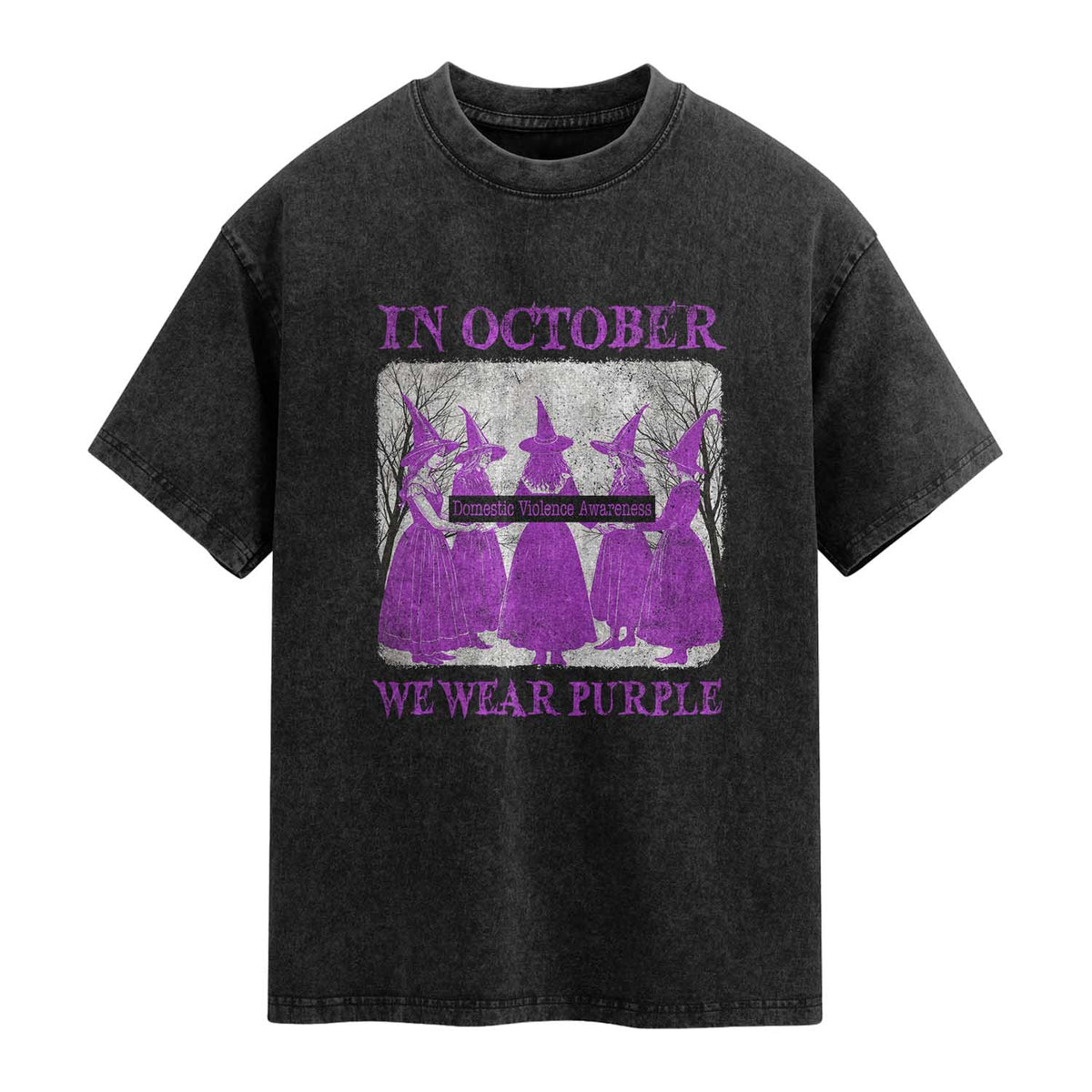 Retro In October We Wear Purple Witch Domestic Violence Awareness Washed Cotton T-Shirt