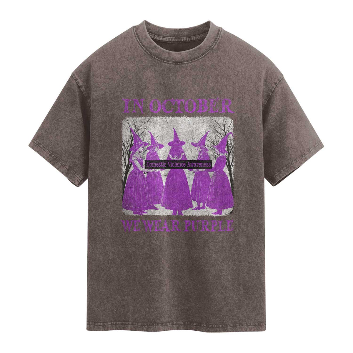 Retro In October We Wear Purple Witch Domestic Violence Awareness Washed Cotton T-Shirt