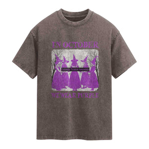 Retro In October We Wear Purple Witch Domestic Violence Awareness Washed Cotton T-Shirt