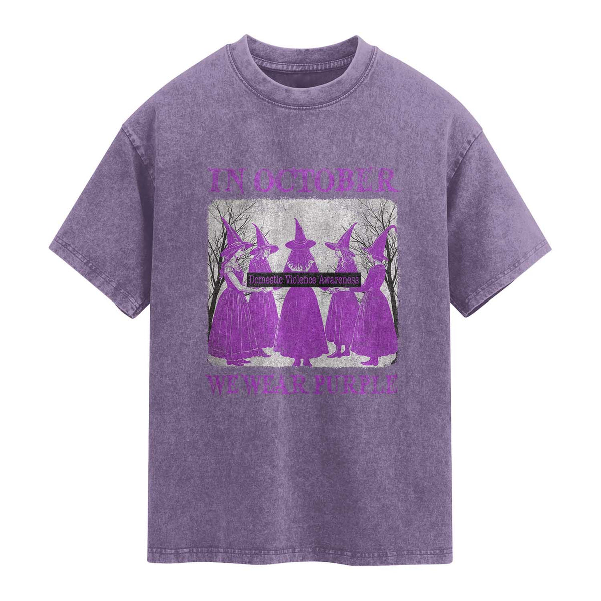 Retro In October We Wear Purple Witch Domestic Violence Awareness Washed Cotton T-Shirt