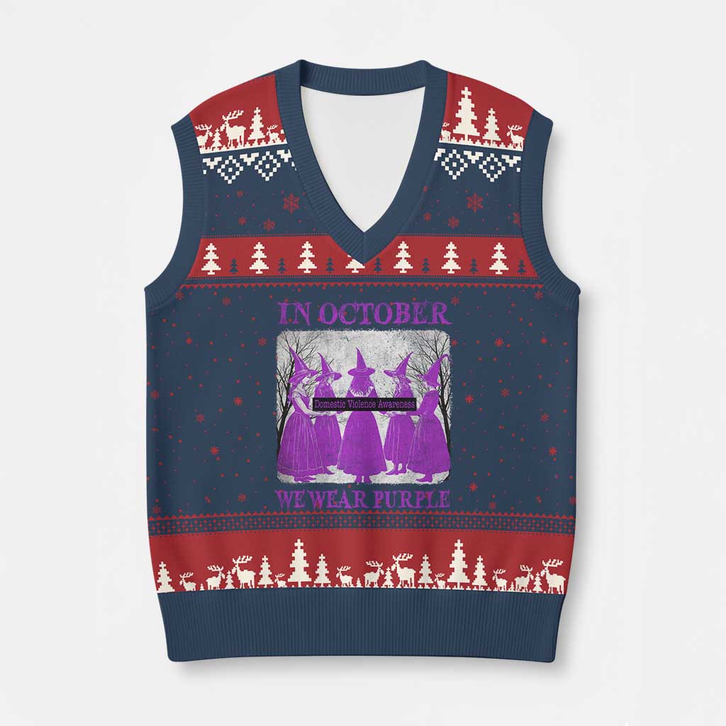 Retro In October We Wear Purple Witch Domestic Violence Awareness V-Neck Knit Sweater Vest TS10 Navy Red Print Your Wear