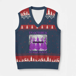Retro In October We Wear Purple Witch Domestic Violence Awareness V-Neck Knit Sweater Vest TS10 Navy Red Print Your Wear