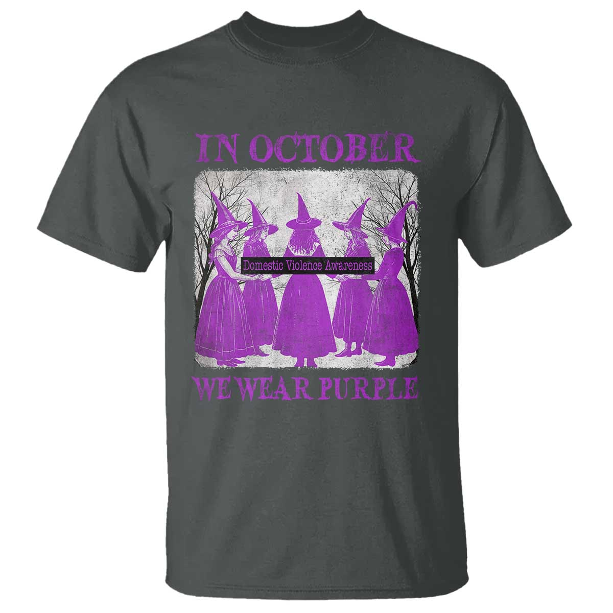 Retro In October We Wear Purple Witch Domestic Violence Awareness T Shirt TS10 Dark Heather Print Your Wear