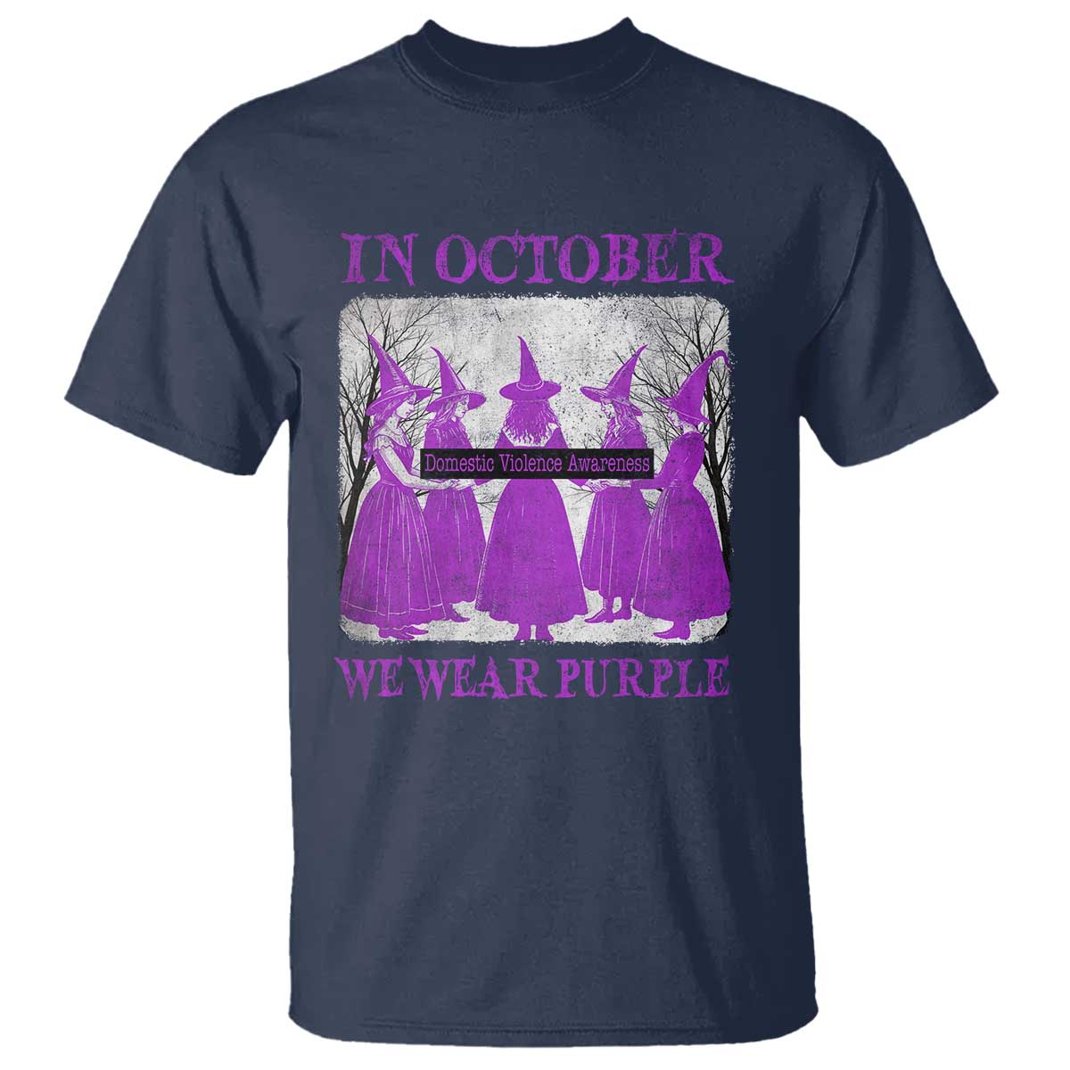 Retro In October We Wear Purple Witch Domestic Violence Awareness T Shirt TS10 Navy Print Your Wear