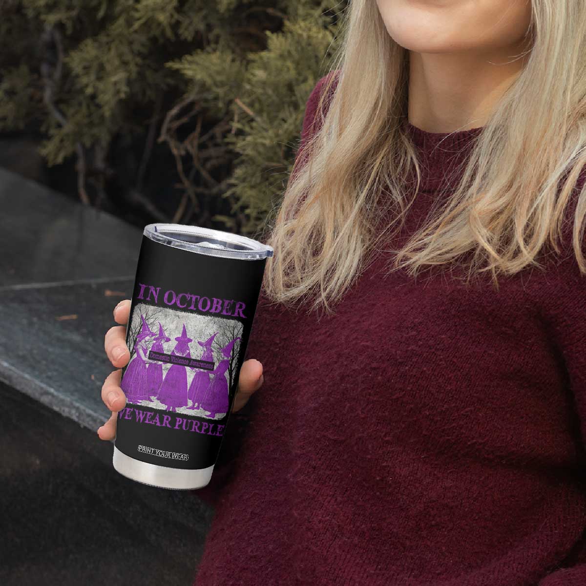 Retro In October We Wear Purple Witch Domestic Violence Awareness Tumbler Cup TS10 Print Your Wear