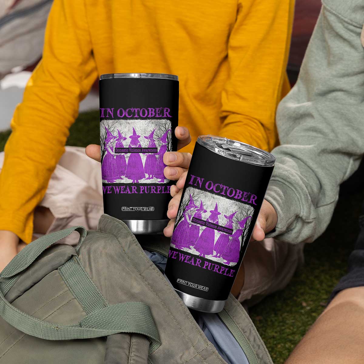 Retro In October We Wear Purple Witch Domestic Violence Awareness Tumbler Cup TS10 Print Your Wear