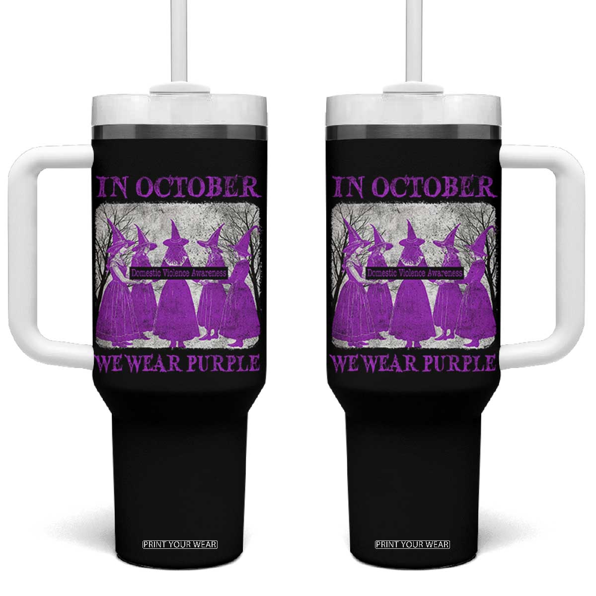 Retro In October We Wear Purple Witch Domestic Violence Awareness Tumbler With Handle TS10 One Size: 40 oz Black Print Your Wear