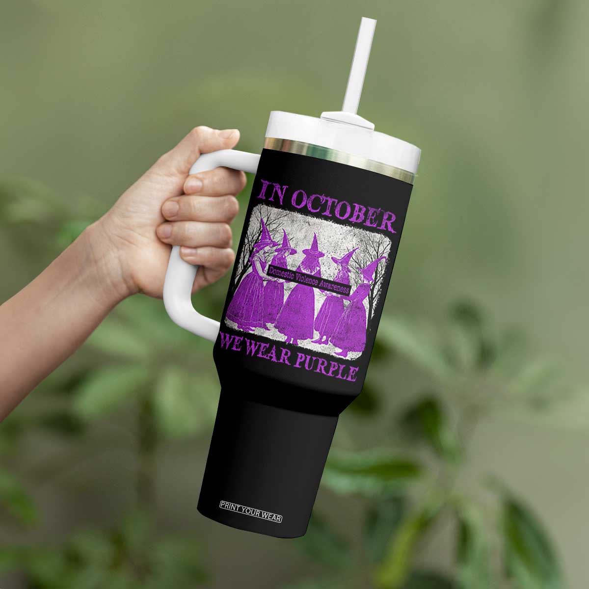Retro In October We Wear Purple Witch Domestic Violence Awareness Tumbler With Handle TS10 Print Your Wear