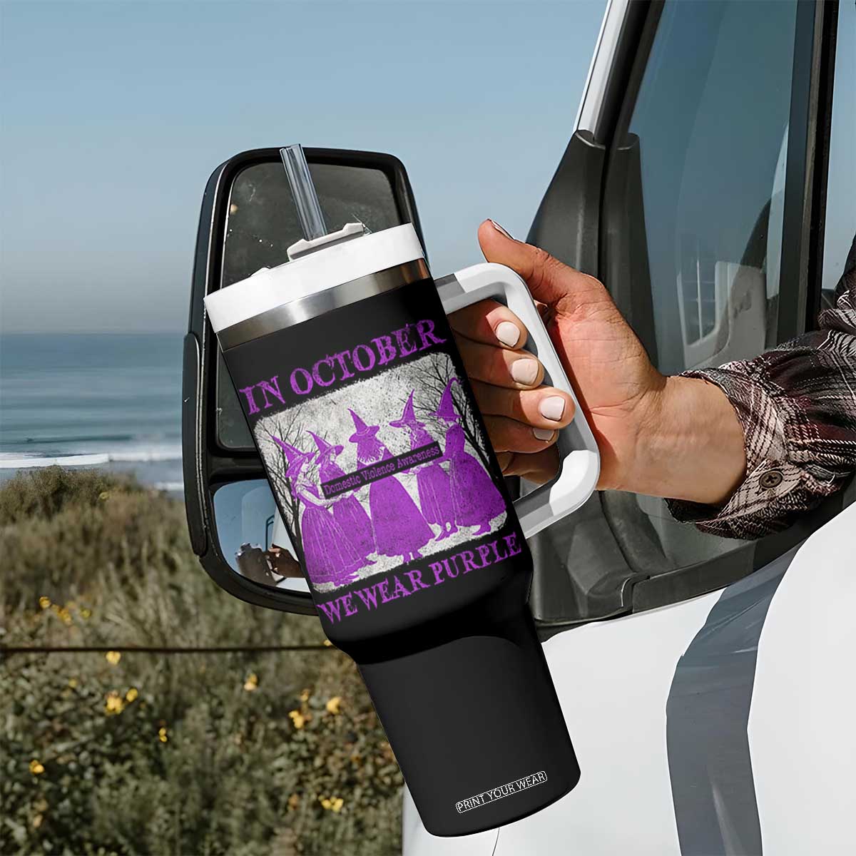 Retro In October We Wear Purple Witch Domestic Violence Awareness Tumbler With Handle TS10 Print Your Wear